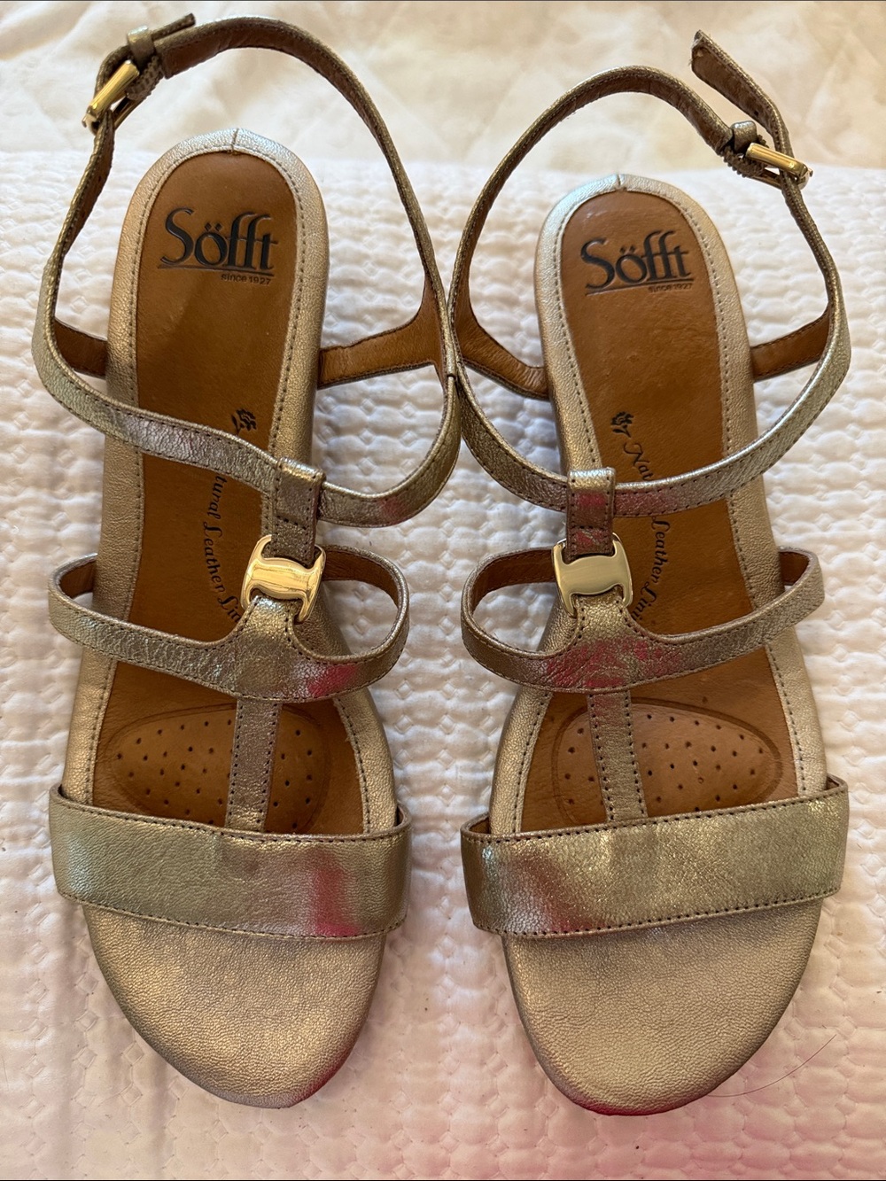 Gold Leather T-Strap Sandals - Comfort Footbed